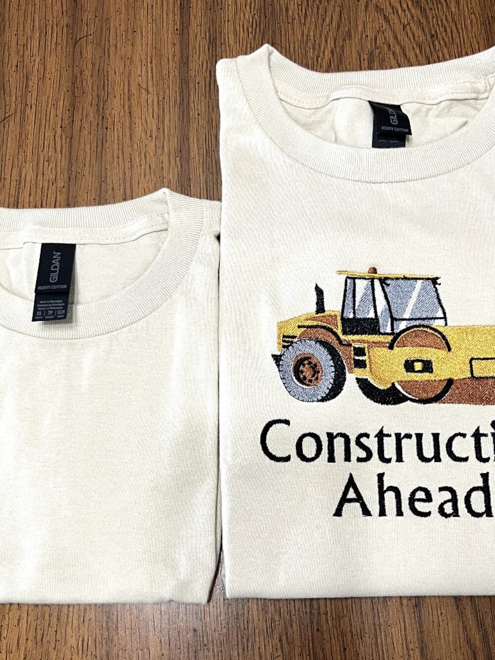Tan Youth T-shirt Embroidered "Construction Ahead" Size: Small